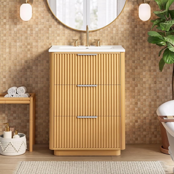 24-Inch Modern Luxury Bathroom Vanity with Ceramic Sink & 3 Drawers, Vertical Grooved Design with Open Back Panel for Easy Plumbing (Natural Wood)