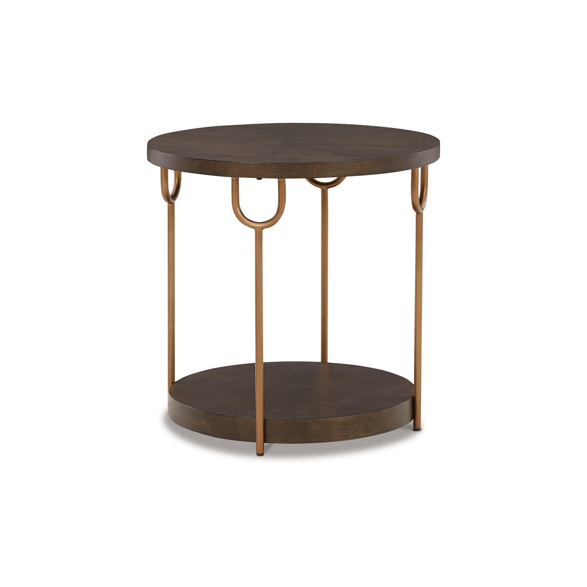 24 Inch Modern Round Side End Table, Espresso Brown Wood, Gold Metal