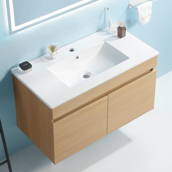 KYLE & KAY 24 inch Modern Wall-Mounted Bathroom Sink Cabinet, Floating Bathroom Vanity with Storage and Two Soft Close Doors,with Sink, Faucet Not Included,Solid Wood, Light Oak.