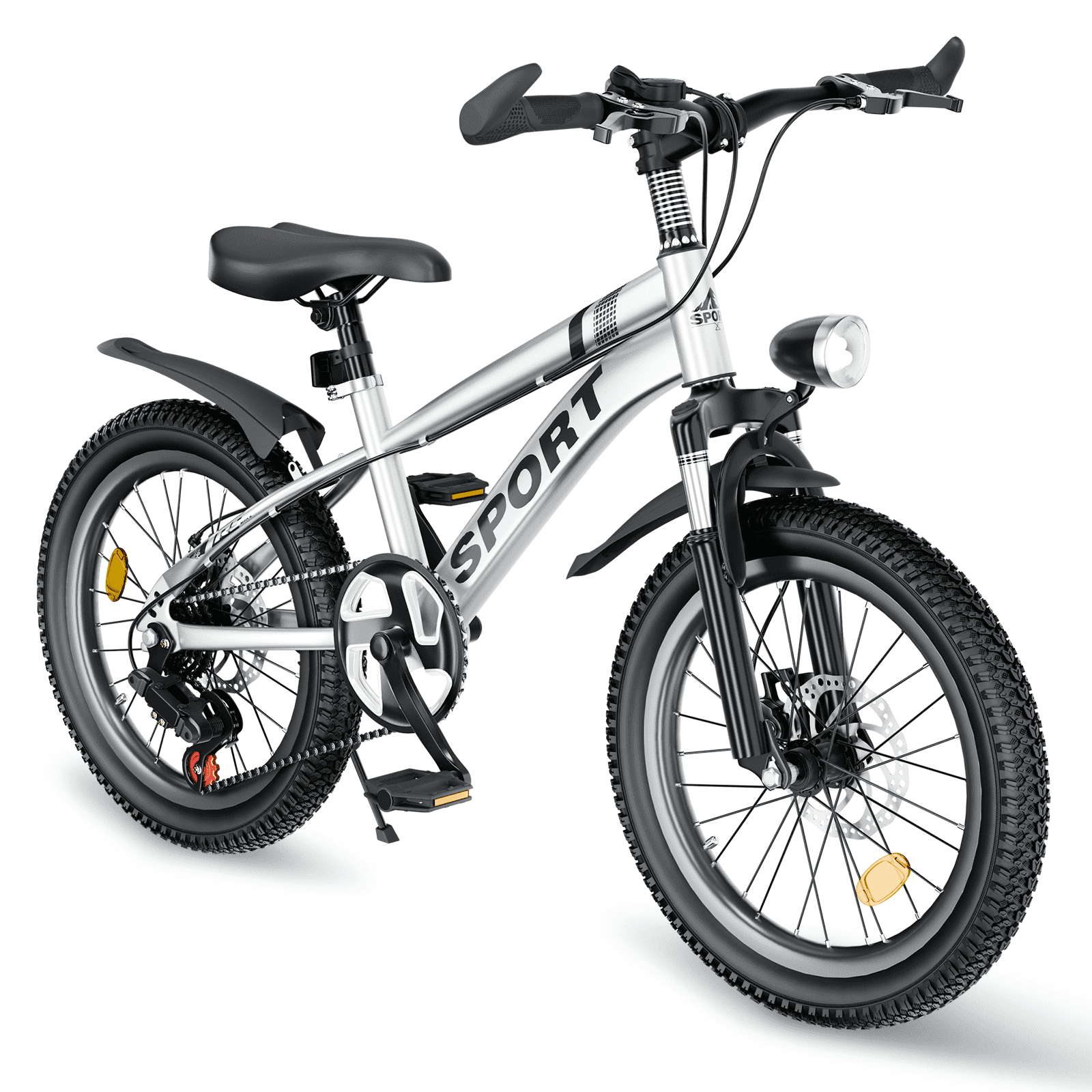 24 Inch Mountain Bicycle, 7-Speed with Front Suspension & LED Headlight, Sliver