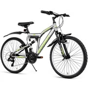 QARSWA 24" Mountain Bike, Full Suspension Bicycle with 21-Speed Drivetrain for Teens and Adults, Grey