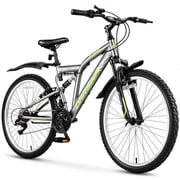24 in Mountain Bike, 21 Speed Full Suspension Bicycle with Dual Fenders and Adjustable Saddle for Teens and Adults