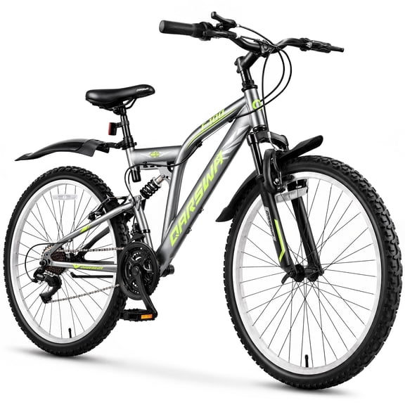 24 in Mountain Bike, 21 Speed Full Suspension Bicycle with Dual Fenders and Adjustable Saddle for Teens and Adults