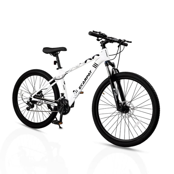 24 Inch Mountain Bike, 9-Speed Mountain Bicycle with Front Suspension and Dual Disc Brakes, Carbon Steel Frame MTB Bike for Teenagers Adult Men Women, White