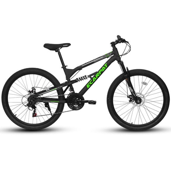 24 Inch Mountain Bike Full Suspension, 21 Speed Mountain Bicycle with Double Disc Brakes, Carbon Steel Frame Commuter City Bike for Adult Men Women, Black-Green