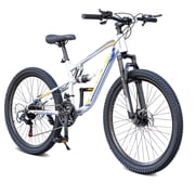 24 Inch Mountain Bike, Full Suspension 21-Speed Mountain Bicycle with Dual Disc Brakes, Carbon Steel Frame MTB Bike for Teenagers Adult Men Women, Silver