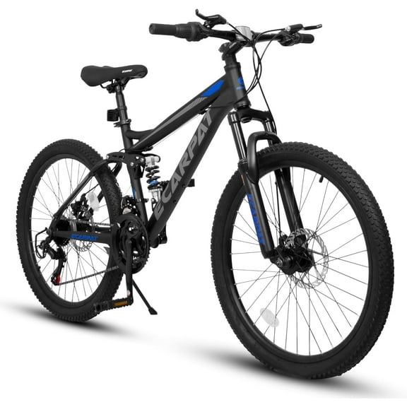 24 Inch Mountain Bike, Full Suspension Mountain Bicycle with Dual Disc Brakes and Carbon Steel Frame, 21 Speeds MTB Bike for Boys Teenagers Adult Men Outdoor Cycling School Work, Black