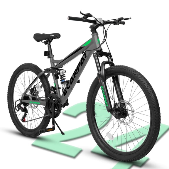24 Inch Mountain Bike, Full Suspension Mountain Bicycle with Dual Disc Brakes and Carbon Steel Frame, 21 Speeds MTB Bike for Boys Teenagers Adult Men Outdoor Cycling School Work, Gray