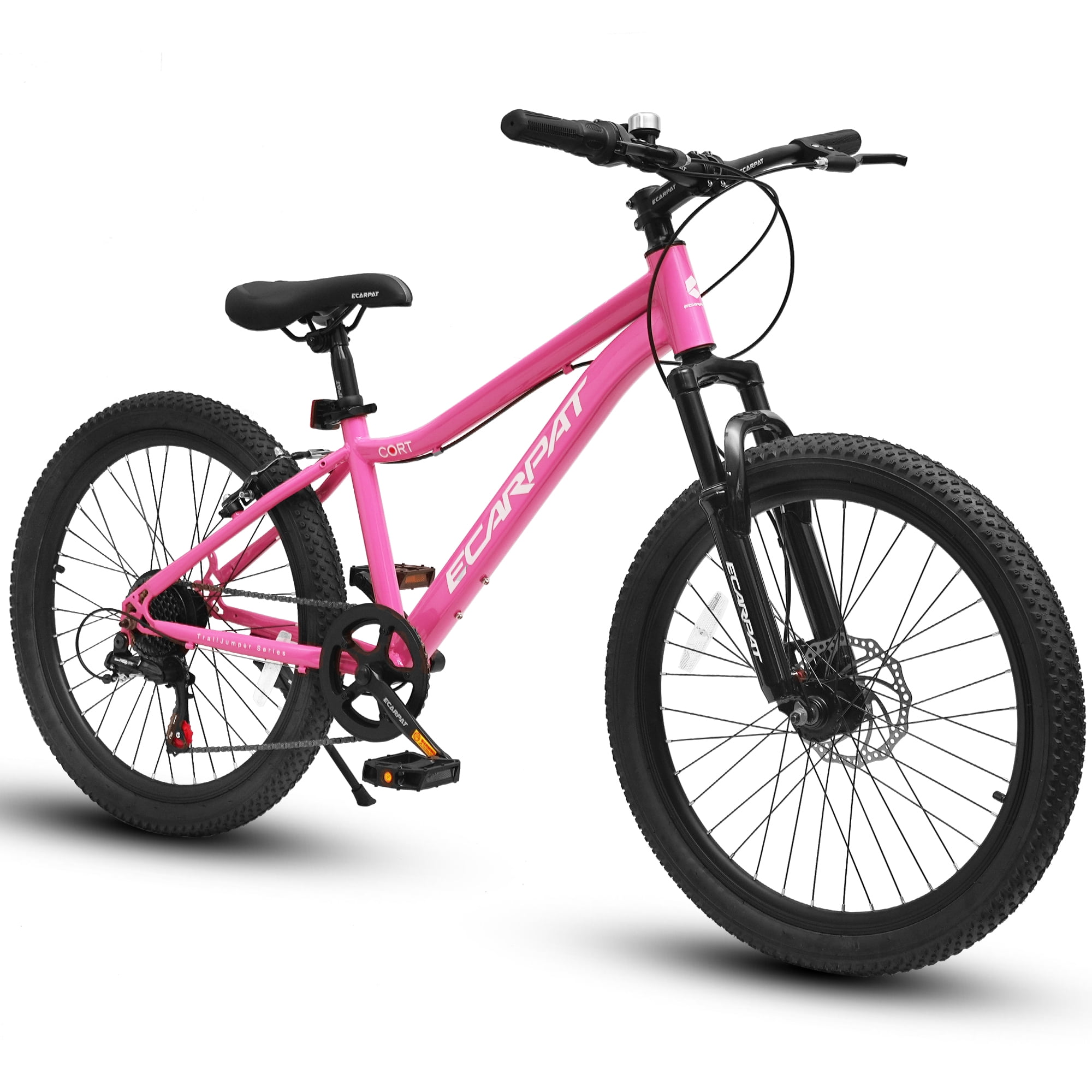 24 Inch Mountain Bike for Teenager, 7 Speed Mountain Bicycle with Front Suspension, Front Disc Brake and Rear V-Brake, Carbon Steel Frame Outdoor Cycling City Bike, Pink