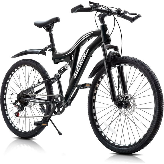 24 Inch Mountain Bike for Adults, Cuoote Full Suspension Mens MTB Bicycle with Dual Disc Brake, 7-Speed High-Carbon Steel Frame
