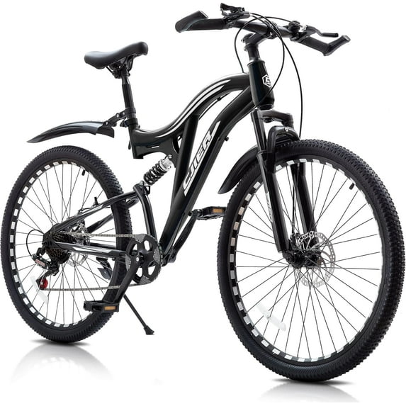 24 Inch Mountain Bike for Adults, Wanan Full Suspension Mens MTB Bicycle with Dual Disc Brake, 7-Speed High-Carbon Steel Frame