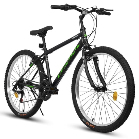 LuckyNote 24 Inch Mountain Bike Carbon Steel Frame, 21-Speed Dual V-Brake, Ergonomic Saddle, Adult and Teens Bicycle for Mountain Trail Commuting, Black/Green