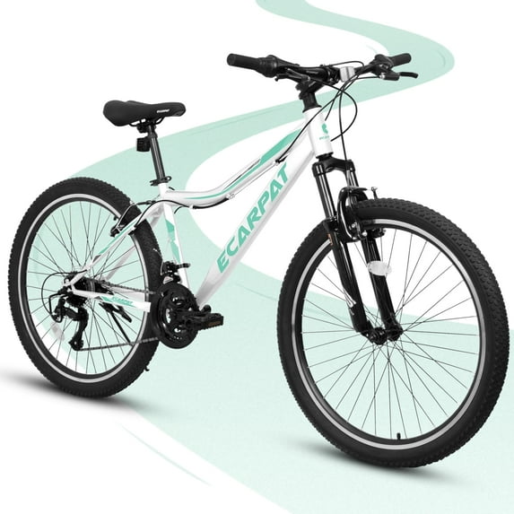 24 Inch Girls Mountain Bike, 21-Speed with Front Suspension - White&Green