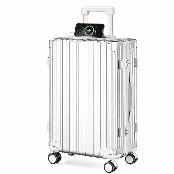 JaxShark 24‑Inch Hardside Checked Luggage with USB Charging Port & Cup Holder,Silver