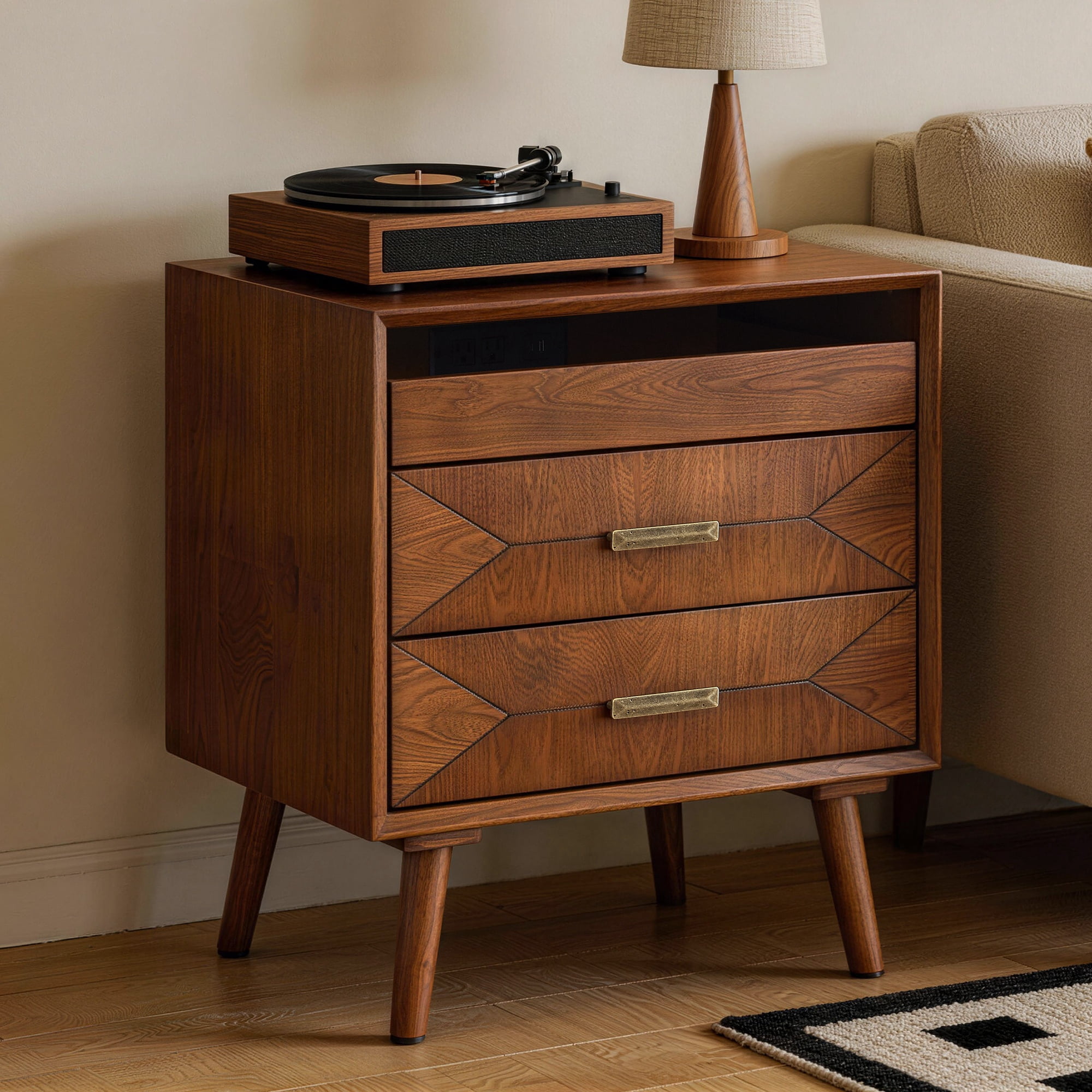 24-Inch Nightstand with Charging Station and 2 Drawers, Mid-Century Wood Bedside Table with USB and Type-C Ports, Light Oak