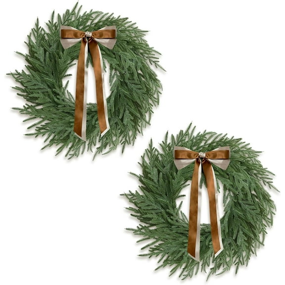 24 Inch Norfolk Pine Christmas Wreath, Christmas Wreaths for Front Door, Christmas Door Wreath with Bow Ribbon for Home Table Wall Window, Indoor Outdoor Christmas Decorations(2PCS)