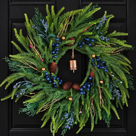 24 Inch Norfolk Pine Christmas Wreath for Front Door, Artificial Plants Green Christmas Wreath with Natural Berries, Pinecones and Bells