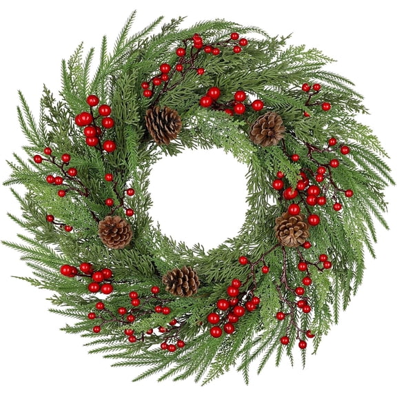 24 Inch Norfolk Pine Wreath, Christmas Wreath for Front Door Christmas Door Wreaths with Red Berries Pine Cones Cedar Leaves Artificial Wreaths for Xmas Indoor Outdoor Decorations