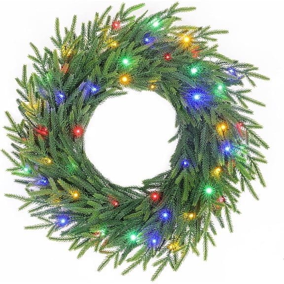 24 Inch Norfolk Pine Wreath with Lights, Pre-Lit Battery Operated Modern Christmas Wreaths for Front Door, Windows, Wall, 8 Lighting Modes & Timer Included Outdoor Xmas Holiday Decorations
