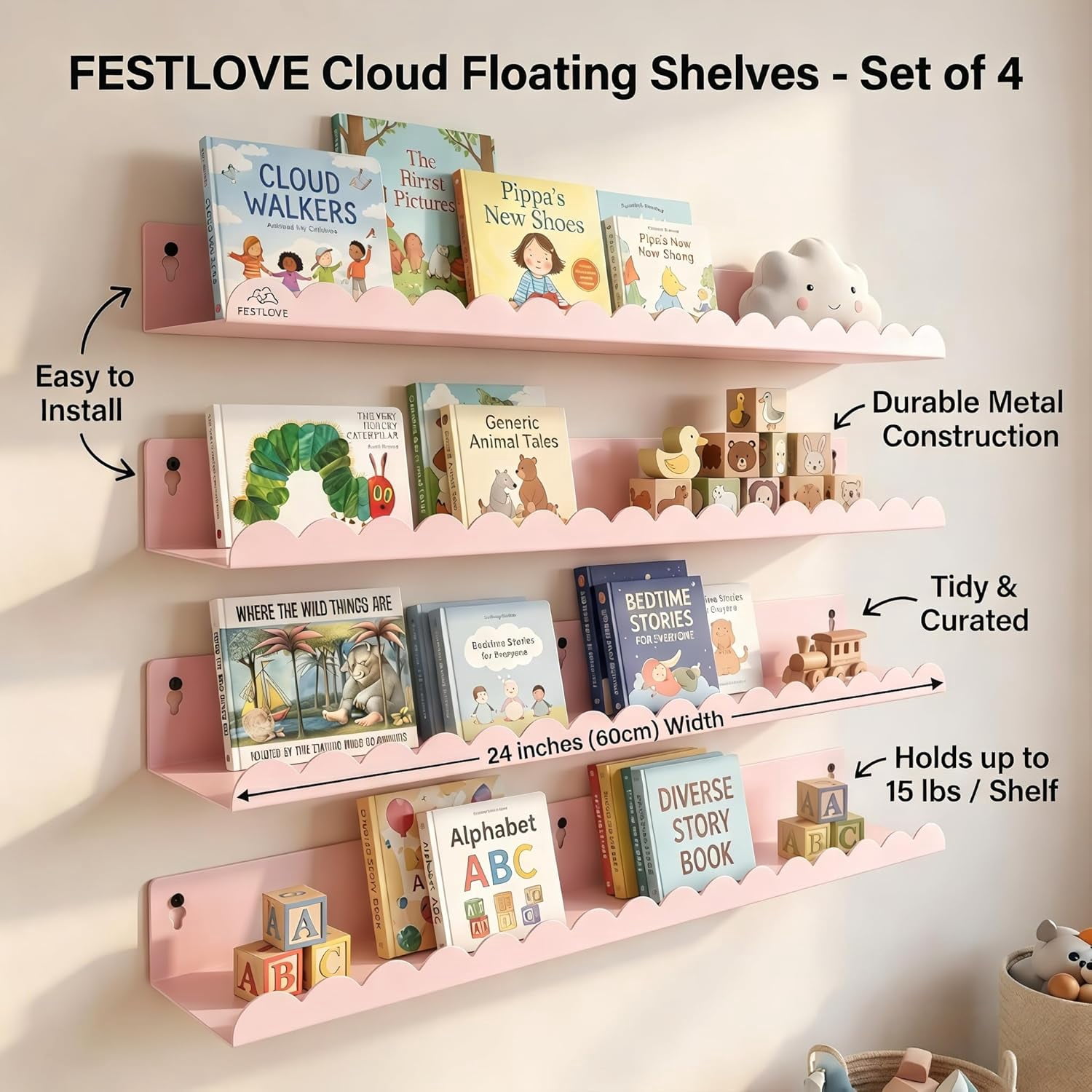 24 Inch Nursery Book Shelves Set of 4, Pink Metal Floating Shelves for Wall, Scalloped Cloud Book Shelf for Kids Room, Bathroom, Bedroom, Playroom Wall Decor & Storage