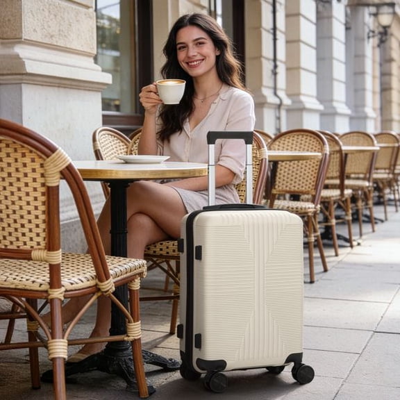 24 Inch Off-White PP Hard Shell Trolley Suitcase with Single Lock, Non-TSA Customs Lock Spinner Luggage for Travel Business Trip