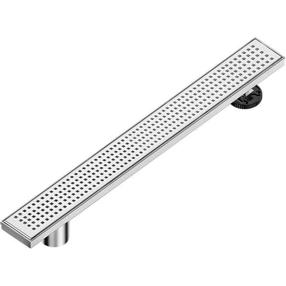 24-Inch Offset Side Outlet Linear Shower Drain with Quadrato Pattern Grate Cover, Brushed 304 Stainless Steel Rectangle Shower Floor Drain, with Leveling Foot, Hair Strainer Catcher