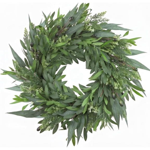 24 Inch Olive Wreaths for Front Door, Artificial Olive Branch Greenery Wreath with Eucalyptus, Rustic Farmhouse Front Door Wreath for Spring Summer Year Round Outdoor Porch Decor