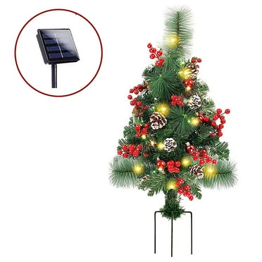 24 Inch Outdoor Christmas Tree, Mini Christmas Tree Artificial Xmas Tree LED with Red Berries for Porch Holiday Decor