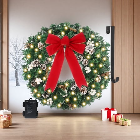 24 Inch Outdoor Christmas Wreath with Warm White LED Lights, Artificial White Pine Cones and Berries, 15" Hanger, Weather Resistant Decor