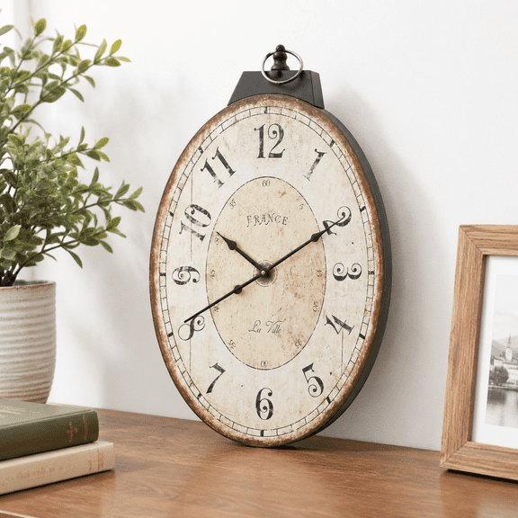 24 Inch Oval Wall Clock, Vintage Distressed Antique Finish with Arabic Numerals