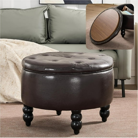24 Inch PU Leather Round Ottoman with Storage, Modern Upholstered Button Tufted Ottoman Coffee Table with Tray Lid, Circle Footstool with Storage for Living Room, Bedroom, Light Brown
