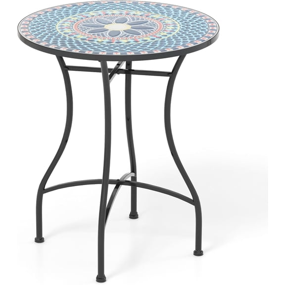 24 Inch Patio Bistro Table, Mosaic Round Table w/Ceramic Tile Tabletop, Heavy-Duty Metal Structure, Outdoor Dining Table for Backyard, Garden, Porch (Multicolor (Floral Pattern))