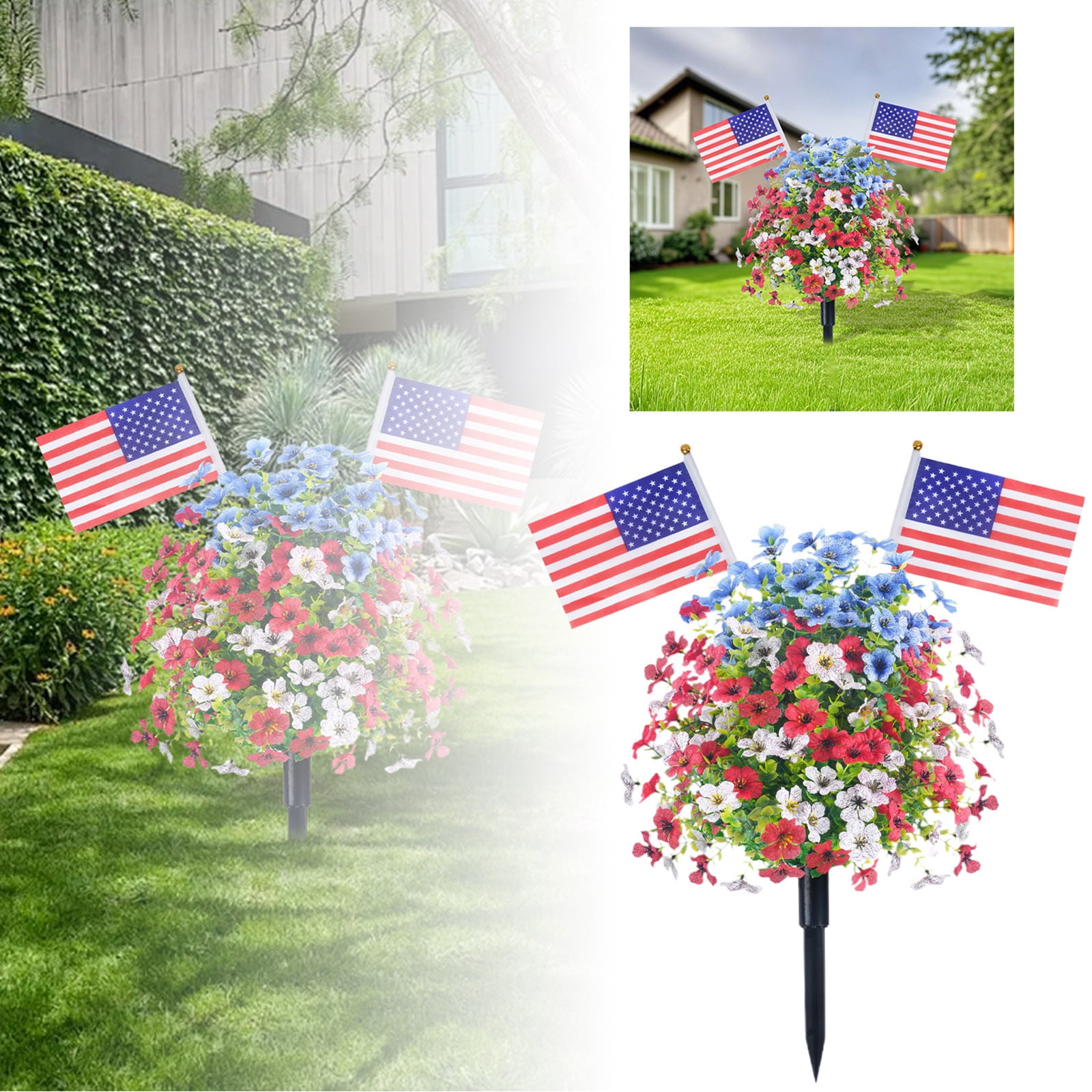 24 Inch Patriotic Flowers Topiary Trees Artificial Red White Blue Outdoor Flowers for Outdoor Planters Artificial Shrubs with Ground Spike Fade Resistant 4th of July Stakes Decor - 2 Pack