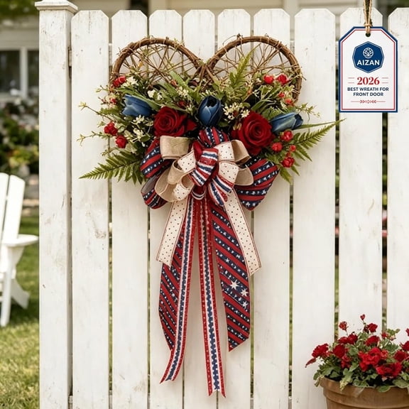 24 Inch Patriotic Heart Wreath for Front Door, Red White Blue 4th of July Wreaths Memorial Day Decorations 250 Anniversary USA Merchandise Spring Decor for Outdoor Indoor Home Porch