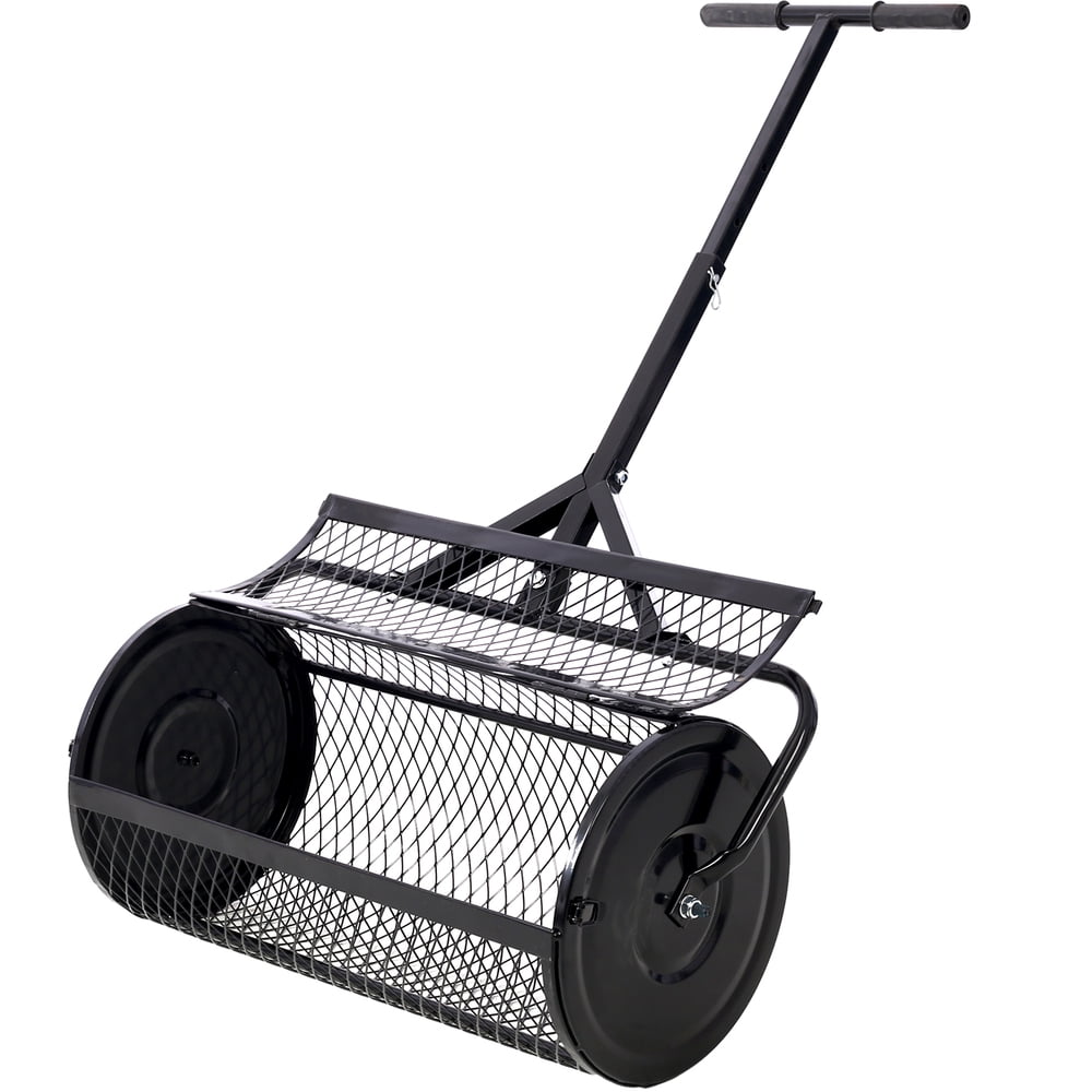24 Inch Peat Moss Spreader, Black Metal Mesh Compost Spreader with T‑Shaped Handle, Heavy Duty Lawn & Garden Manure Roller