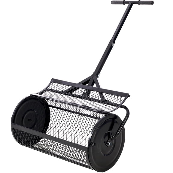 24 Inch Peat Moss Spreader, Black Metal Mesh Compost Spreader with TShaped Handle, Heavy Duty Lawn & Garden Manure Roller