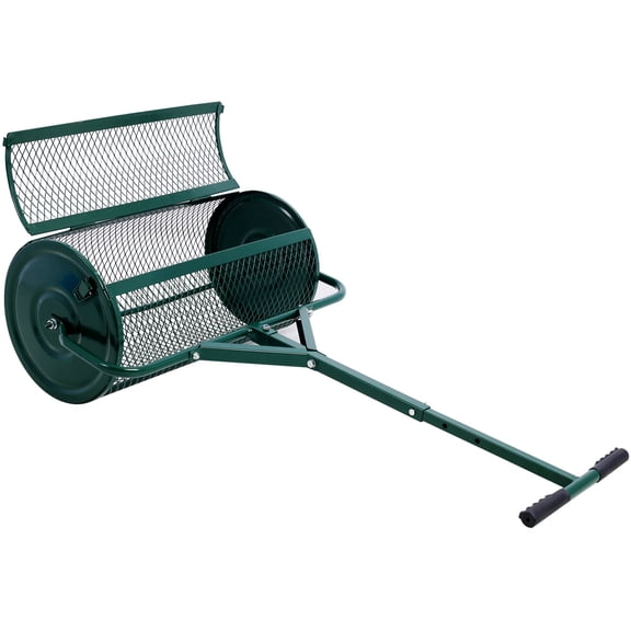 24-Inch Peat Moss Spreader, Heavy Duty Steel Mesh Compost Spreader Roller with T-Shaped Handle for Lawn Care, Gardening, and Seeding - Green