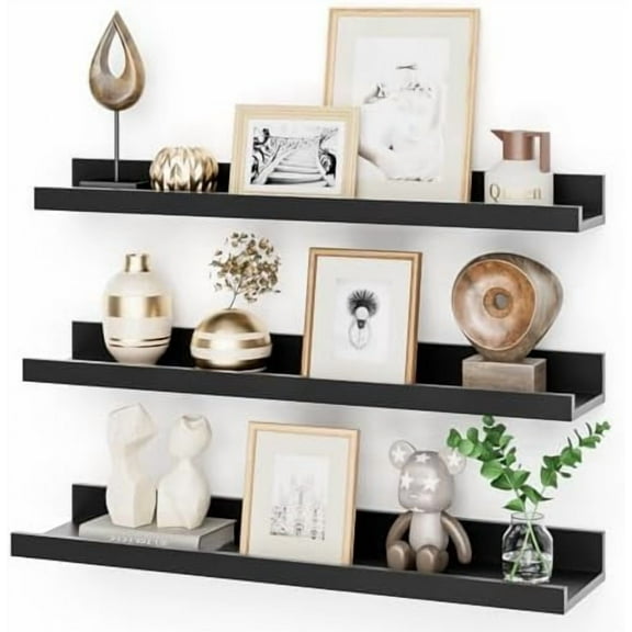 24 Inch Picture Ledge Shelf with Lip,Black Floating Shelves for Wall Set of 3,Wall Shelves in Varying Depths for Living Room,Bedroom,Nursery,Bookshelf