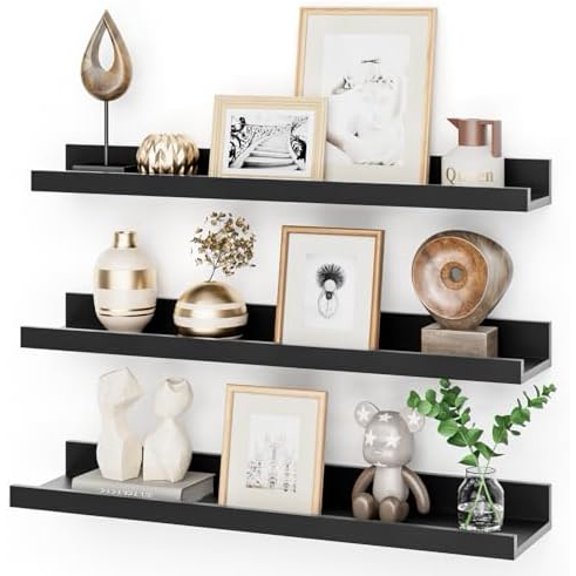 24 Inch Picture Ledge Shelf with Lip,Black Floating Shelves for Wall Set of 3,Wall Shelves in Varying Depths for Living Room,Bedroom,Nursery,Bookshelf