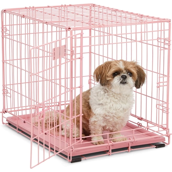 24-Inch Pink Fashion iCrate for Small Breeds, Single Door Folding Dog Crate with Divider Panel, Leak-Proof Tray & Secure Latch, Portable, Durable & Easy to Assemble