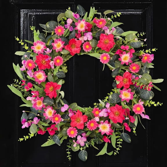 24 Inch Pink Red Floral Wreath, Artificial Fabric Flower Wreath with Faux Eucalyptus Leaves, Spring Summer Wreath for Front Door, Indoor Outdoor Farmhouse Wall Window Wedding Decor