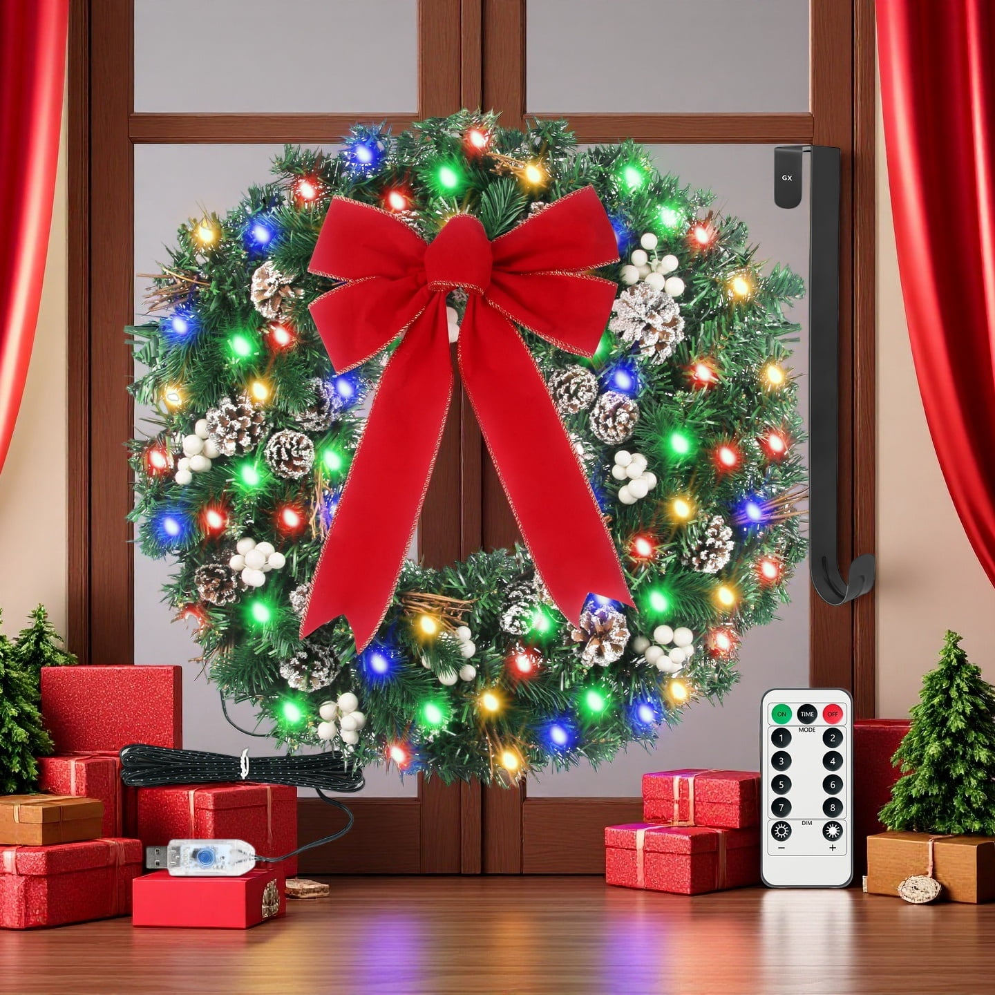 24 Inch Pre-Decorated Christmas Wreath with Color Changing LED Lights ...