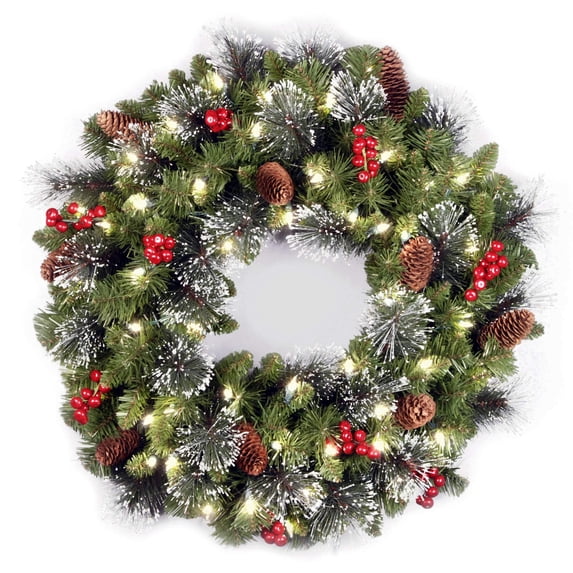 24 Inch Pre-Lit Artificial Christmas Wreath, Green, Crestwood Spruce, White Lights, Decorated with Pine Cones, Berry Clusters, Frosted Branches, Christmas Collection