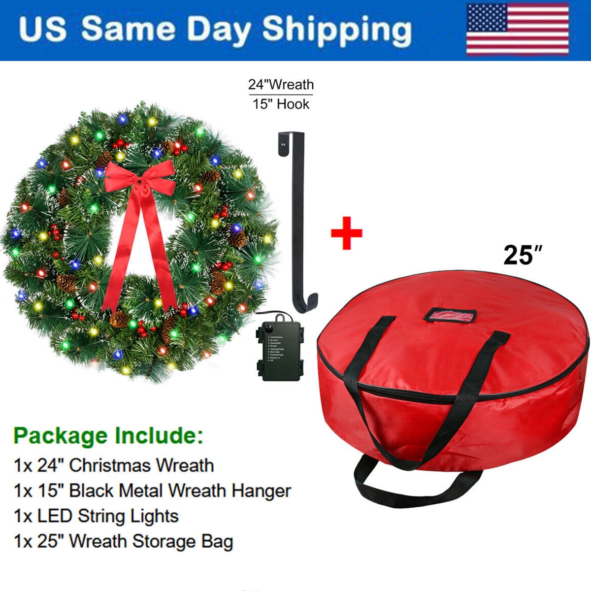 24 Inch PreLit Artificial Christmas Wreath with Lights,Lighted