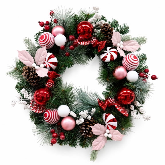 24 Inch Pre‑Lit Christmas Wreath,Artificial Wreath with 20 LED Lights 8 Modes Timer,Candy Cane Ornaments Red Berries Pine Cone Pink Holly Leaf Wreath for Front Door Holiday Indoor Decor