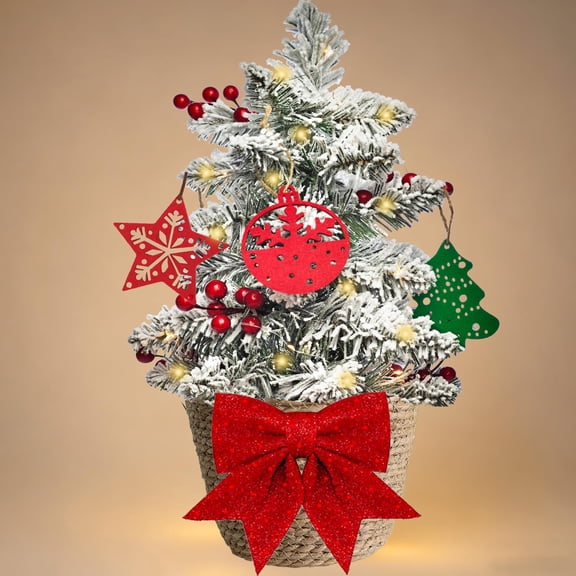 24 Inch Pre-Lit Snowy Mini Christmas Tree with LED Lights, Red Berries, and Wicker Base Xmas Decor