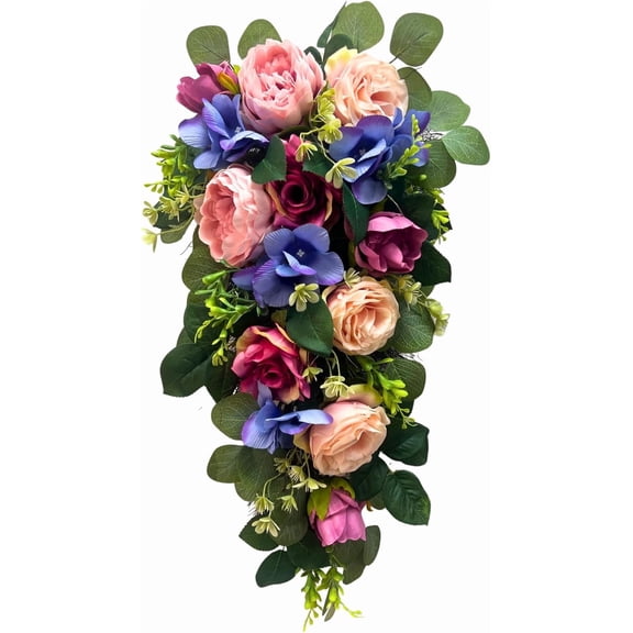 24 Inch Pre-lit Peony & Rose Floral Swag for Front Door - Teardrop Spring Wreath with Timer, 20 LED Lights, Pink & Purple Vertical Wall Decor for Front Door,Wedding (Battery Operated)