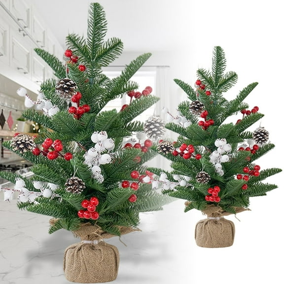 24 Inch Pre-lit Snowy Mini Christmas Tree, Flocked Tabletop Xmas Tree with LED Lights, Red Berries, and Pine Cones, Holiday Decor for Mantel, Bedroom, and Party