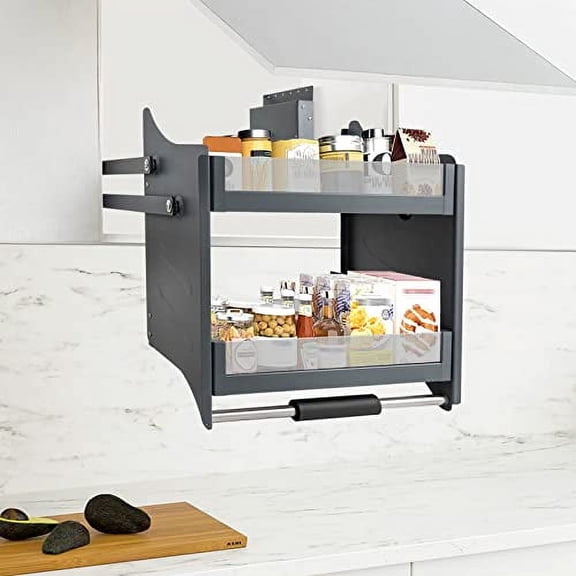 24 Inch Pull Down Cabinet Organizer For Upper Cabinet 2 Tier Kitchen Wall Cabinet Storage Organizer Heavy Duty Wall Pull Down Shelf, Ideal for Kitchen Dish and Spice Rack Storage,Black