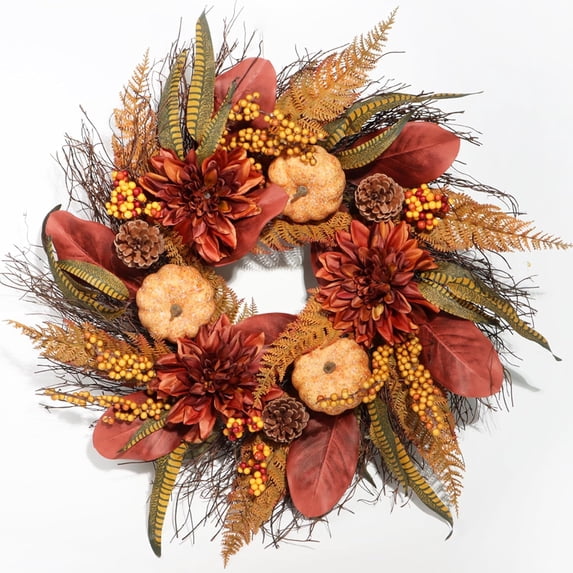 24 Inch Pumpkin and Dahlia Fall Wreath with Magnolia Leaves and Ferns for Outdoor Front Door Thanksgiving Harvest Decoration Wall Hanging